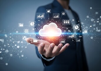 Fototapeta premium Man holding cloud computing icon with data and network connections in his hand