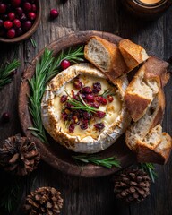 A rustic wooden plate with baked brie topped with cranberries, surrounded by fresh rosemary and slices of crusty bread.