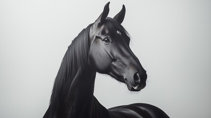 A graceful black horse stands out, highlighted by soft lighting and a simple backdrop