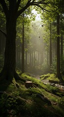 Obraz premium Sunlit Forest Path with Butterflies and Mossy Tree Roots