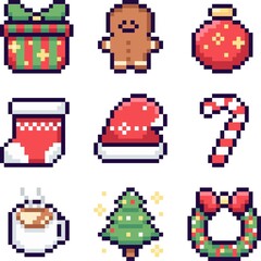 Pixel Christmas Icons Set | 8-bit Festive Holiday Elements – Tree, Gift, Snowman, Candy Cane