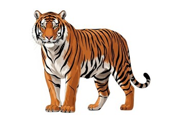 Fototapeta premium Flat illustration of a majestic tiger standing proudly, showcasing its distinctive stripes and powerful presence, isolated on a white background