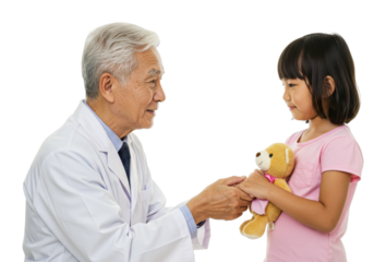 Elderly asian male doctor comforting young asian girl holding teddy bear in hospital setting. Cut out PNG
