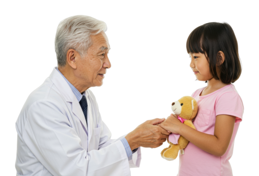 Elderly asian male doctor comforting young asian girl holding teddy bear in hospital setting. Cut out PNG