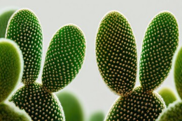 Close-up of two vibrant green bunny-ear cacti, showcasing their textured pads and tiny golden areoles against a soft, blurred background
