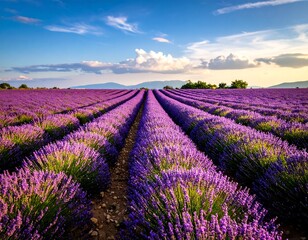 Naklejka premium Lavender field stretching to horizon under a beautiful sunset sky