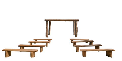 Rustic wooden benches arranged in a symmetrical pathway leading to a simple wooden archway isolated on transparent background