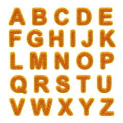 3d fur fluffy alphabet with yellow orange gradient hairy texture. Type font with letters of furry plush and shaggy wool. Soft fuzzy English characters, isolated cartoon render set © marozhkastudio