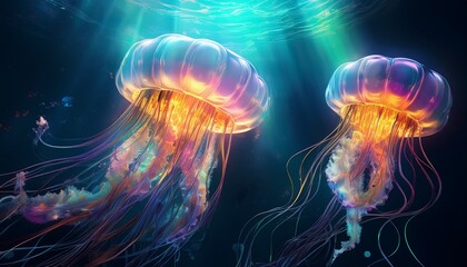 Obraz premium beautiful glowing jellyfish swimming underwater in dark ocean fantasy marine bioluminescent scene