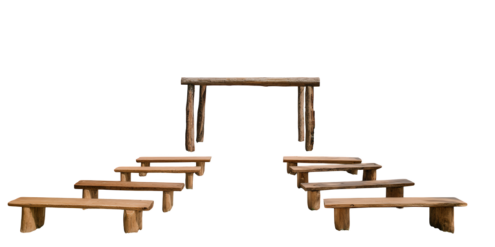 Rustic wooden benches arranged in a symmetrical pathway leading to a simple wooden archway isolated on transparent background