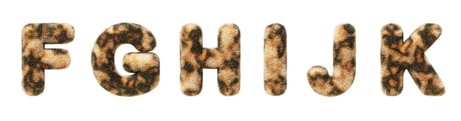 3d leopard font, fluffy alphabet letters F, G, H, I, J, K with animal fur texture and spotted pattern. Furry plush, shaggy English letters with cheetah skin print, isolated render set