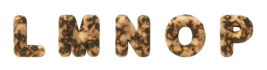 3d leopard font, fluffy alphabet letters L, M, N, O, P with animal fur texture and spotted pattern. Furry plush and shaggy English letters with cheetah skin print, isolated render set