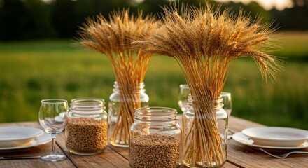 Rustic Wheat Stalk Mason Jar Centerpiece on Outdoor Farmhouse Table Setting