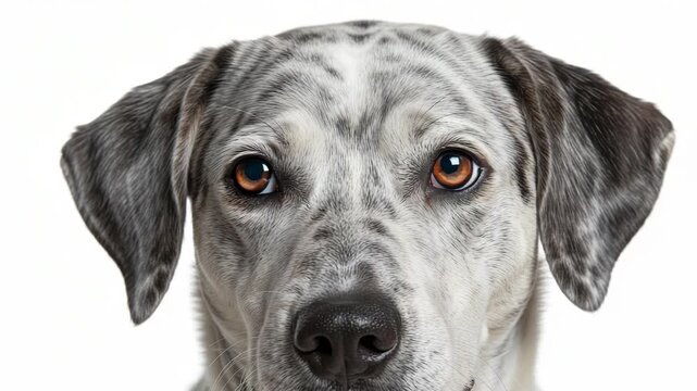Closeup portrait of a speckled grey and white dogs face with alert brown eyes and floppy ears, isolated on white background