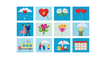 Collection of flat design icons representing love nature and life events