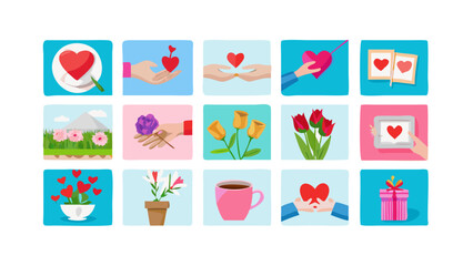 Collection of hearts flowers and gifts symbolizing love and affection