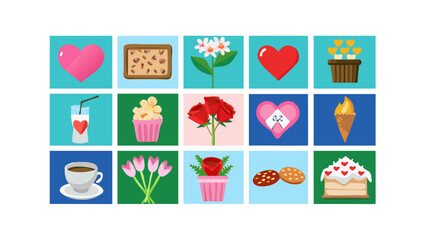 Collection of sweet treats and romantic symbols