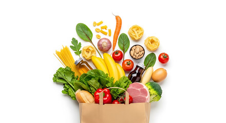 Abundance of colorful fresh ingredients spilling out of a paper grocery bag on white background