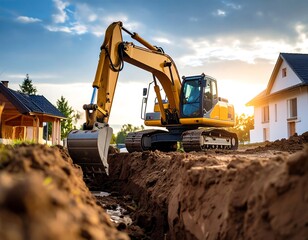Obraz premium Excavator digs trench at sunset