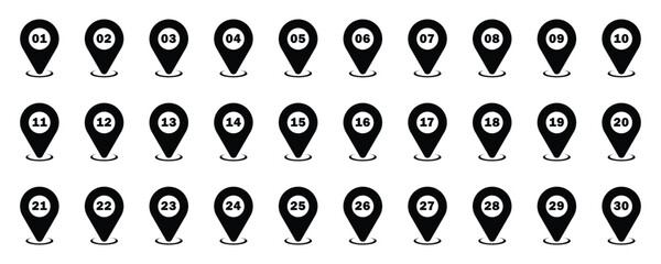 Thirty black map pointer icons numbered from one to thirty arranged in three rows on white