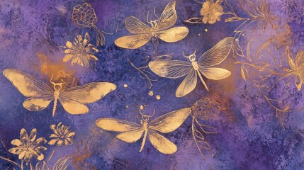 Golden Insects and Floral Artistry on a Textured Purple Backdrop creating an enchanting design