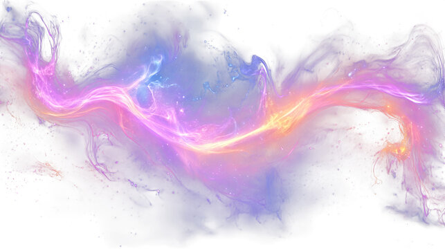 Vibrant cosmic nebula with swirling purple pink and yellow gas clouds and stars isolated on transparent background