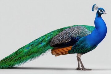 Majestic peacock displays vibrant feathers in a striking pose against a neutral backdrop showcasing its beauty