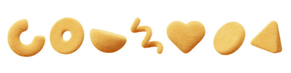 Fototapeta premium 3d yellow fur fluffy abstract geometric shapes. Cute soft plush heart, cylinder, triangle, circle ring, half sphere, spiral line with wool felt texture, isolated furry render icon set