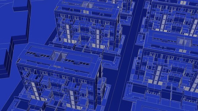 Animation of a Generic Apartment Building with solar panels on top, Seamless Looped Animation, 3D Blueprint Linework rendering