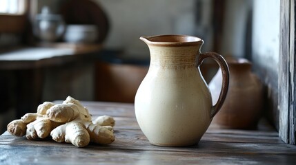 Rustic kitchen still life featuring ginger roots and a vintage ceramic jug in warm light