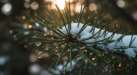 Snow-covered pine branch with water droplets at sunset  