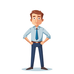 Confident Male CEO Standing with Hands on Hips in Business Suit – Leadership Pose Vector Illustration for Corporate Branding