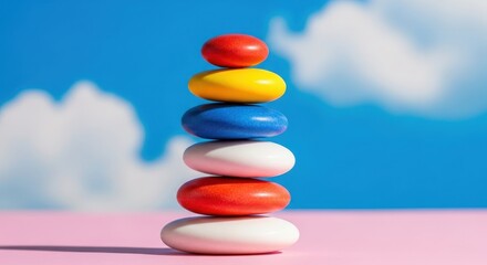 Colorful Stacked Stones: An artful arrangement of vibrant, smooth stones, carefully stacked against a backdrop of a bright blue sky with fluffy clouds, showcasing a playful display of color, balance.