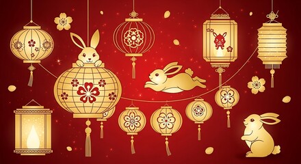 Festive Chinese New Year Illustration with Gold Lanterns and Rabbits