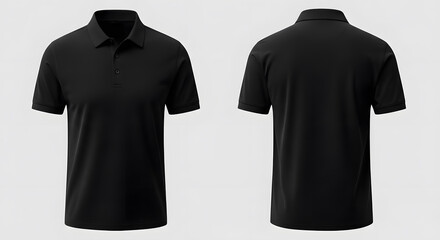 Classic black short-sleeve polo shirt mockup with front and back views on a grey background.