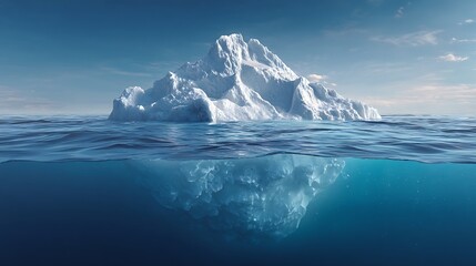 A view of an iceberg with the visible portion above the water and the submerged portion below it