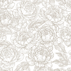 Peony seamless pattern. Hand drawn beautiful peonies on white background. Vector illustration.