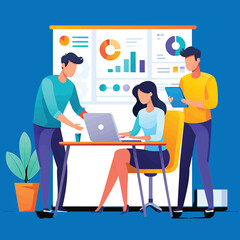 Business team analyzing data charts for a project. Corporate teamwork concept vector illustration.