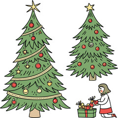 Hand-Drawn Minimalist Christmas Tree with Stars.