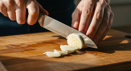 Man slicing garlic with a knife on wooden cutting board  