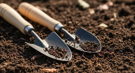 Two Garden Trowels Resting on Rich Soil, Ready for Planting Season