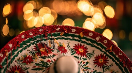Traditional embroidered sombrero with vibrant red, green, and white floral patterns evoking festive Mexican culture, perfect for cultural designs, decorations, or event promotions.