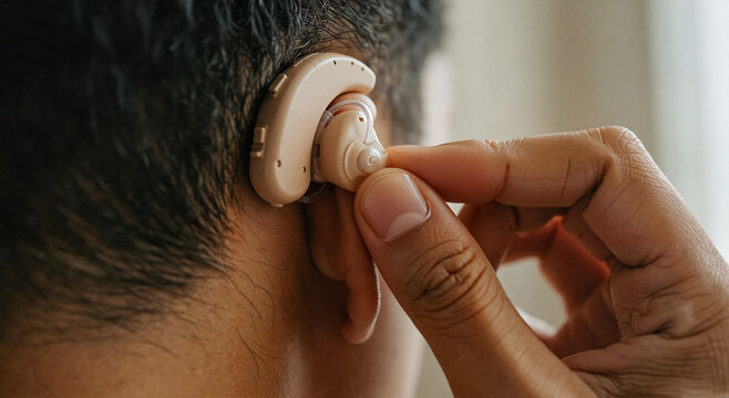 Person adjusting hearing aid behind the ear indoors  