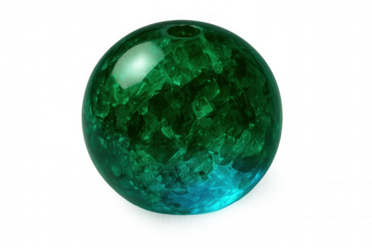 Iridescent green glass bead displaying intricate surface detail, glimmering against translucent backdrop, revealing luminous sheen