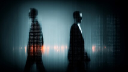 Two silhouettes walk towards the viewer against an abstract digital backdrop with binary code overlay,