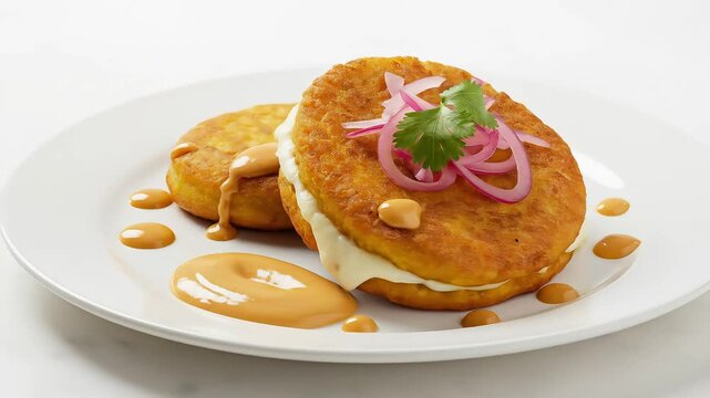 Two golden llapingachos &mdash; fried potato pancakes stuffed with cheese &mdash; served on a white plate with a drizzle of creamy peanut sauce and pickled red onions. The cheese pull is slightly visible in one.