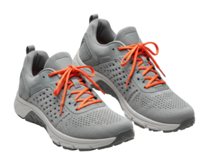 Gray athletic running shoes with vibrant orange laces. Cut out PNG