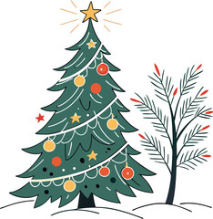 Hand-Drawn Christmas Tree with Ornaments and Gifts.