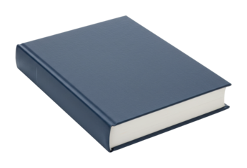 Blue hardcover book with blank cover and white pages. Cut out PNG