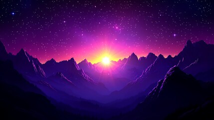 A breathtaking view of a mountain range at sunrise under a starry sky.